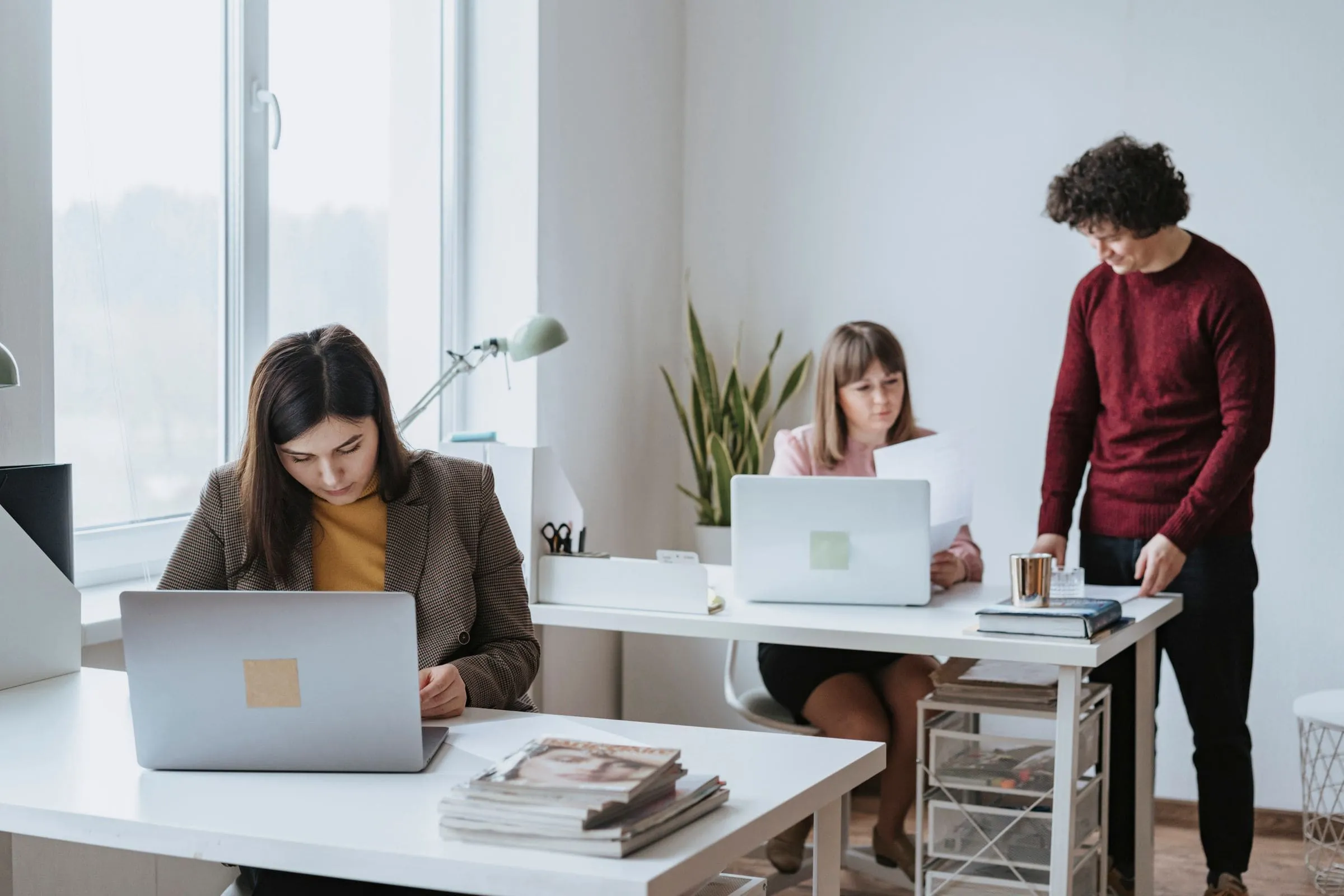 Three people at work in a small, bright office: two at laptops by the window and one checking papers at a standing desk